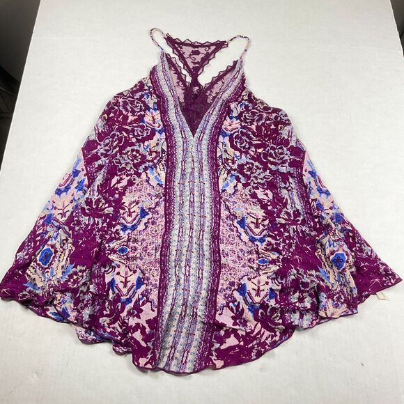 Free People Lace Tank Top  Floral Flowy V-Neck Racerback Boho Festival Shirt S - Picture 1 of 11
